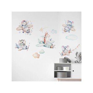 Crearreda Detská samolepiaca dekorácia zvieratká v lietadlách, 2 hárky, 67x47 cm