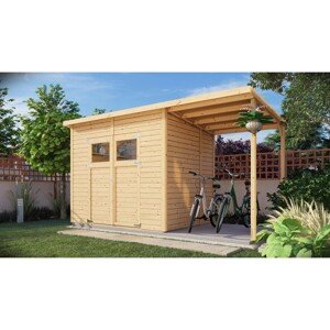 Bertilo Drevený domček na náradie Amrum 3 Plus s príst. prírodný, 386 x 180 cm