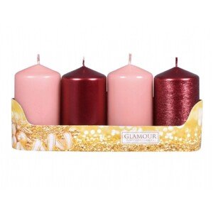 Sviečky adventné VALEC mix povrchov ružová/bordó, pr. 5 x 9 cm, 4 ks