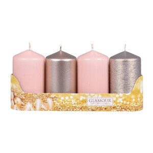 Nohel Garden Valcové sviečky mix povrchov, strieborné/ružové pr. 5 x 9 cm, 4 ks