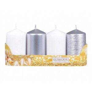 Sviečky adventné VALEC mix povrchov strieborná/biela, pr. 5 x 9 cm, 4 ks