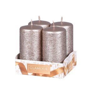 Valcové sviečky škrabané bielostrieborné metalické pr. 4 x 8 cm, 4 ks