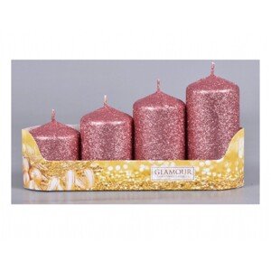 Sviečky adventné STUPŇOVITÉ glitrované ružovozlatá, pr. 5 x 6/7,5/9/10,5 cm, 4ks
