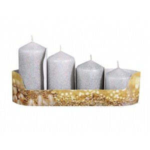 Sviečky adventné STUPŇOVITÉ glitrované strieborná, pr. 5 x 6/7,5/9/10,5 cm, 4 ks