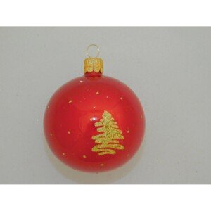 ONREX Vianočná ozdoba sklenená guľa červená/zlatá stromčeky pr. 7 cm