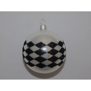 ONREX Vianočná ozdoba sklenená guľa biela/čierna dekor pr. 8 cm