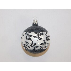 ONREX Vianočná ozdoba sklenená guľa bieločierna lístky pr. 8 cm