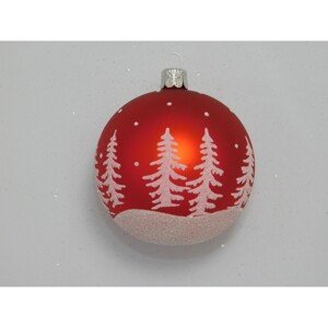 Ornex Sklenená vianočná ozdoba červená so stromami pr. 8 cm